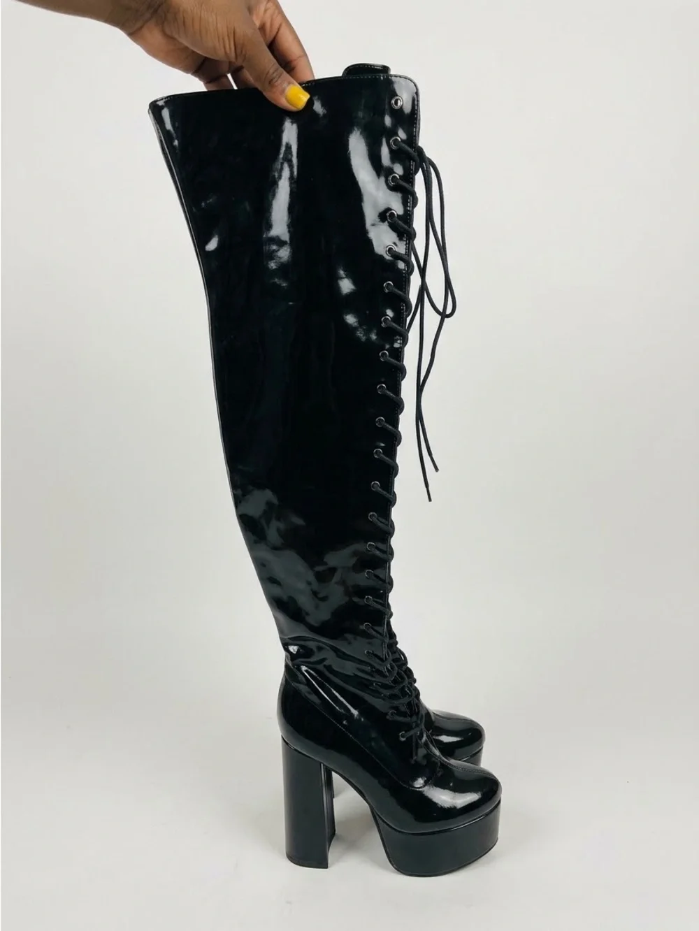 AKIRA Black Patent Lace-Up Platform Knee-High Boots